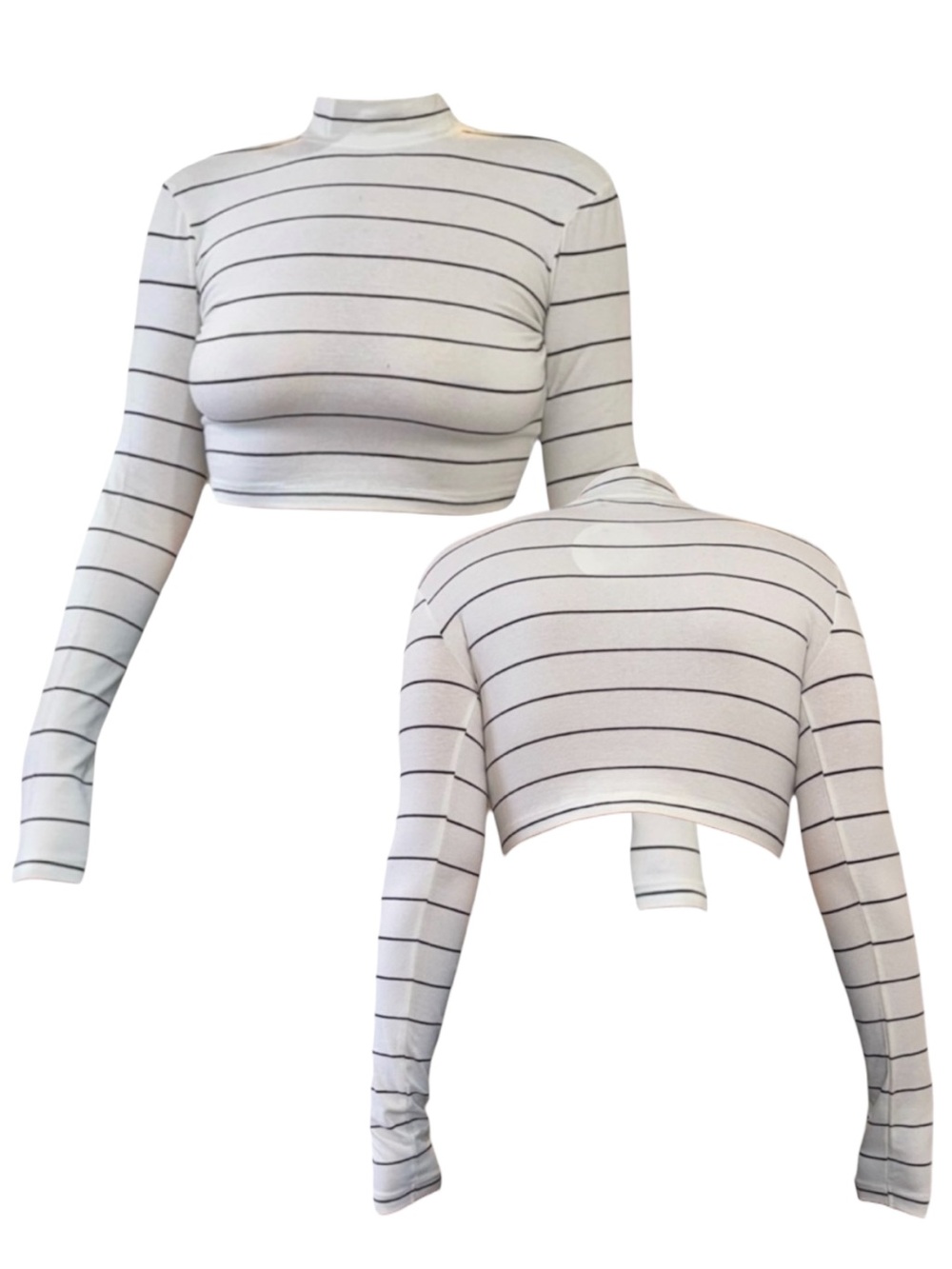 Striped White and Black Cropped Mock Neck Long Sleeve Top